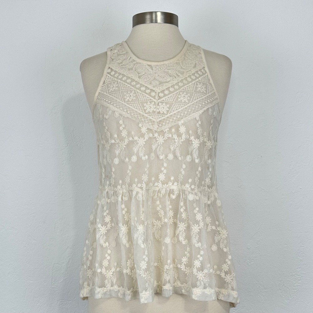 Womens Fairy Boho Romantic Coquette Lace Top Sz XS Floral Embroidered Sheer Mesh